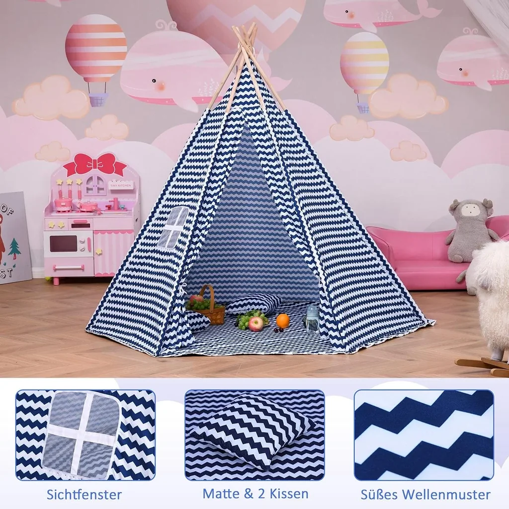 Tipi-Kinderzelt mit Bodenmatte blau, weiß