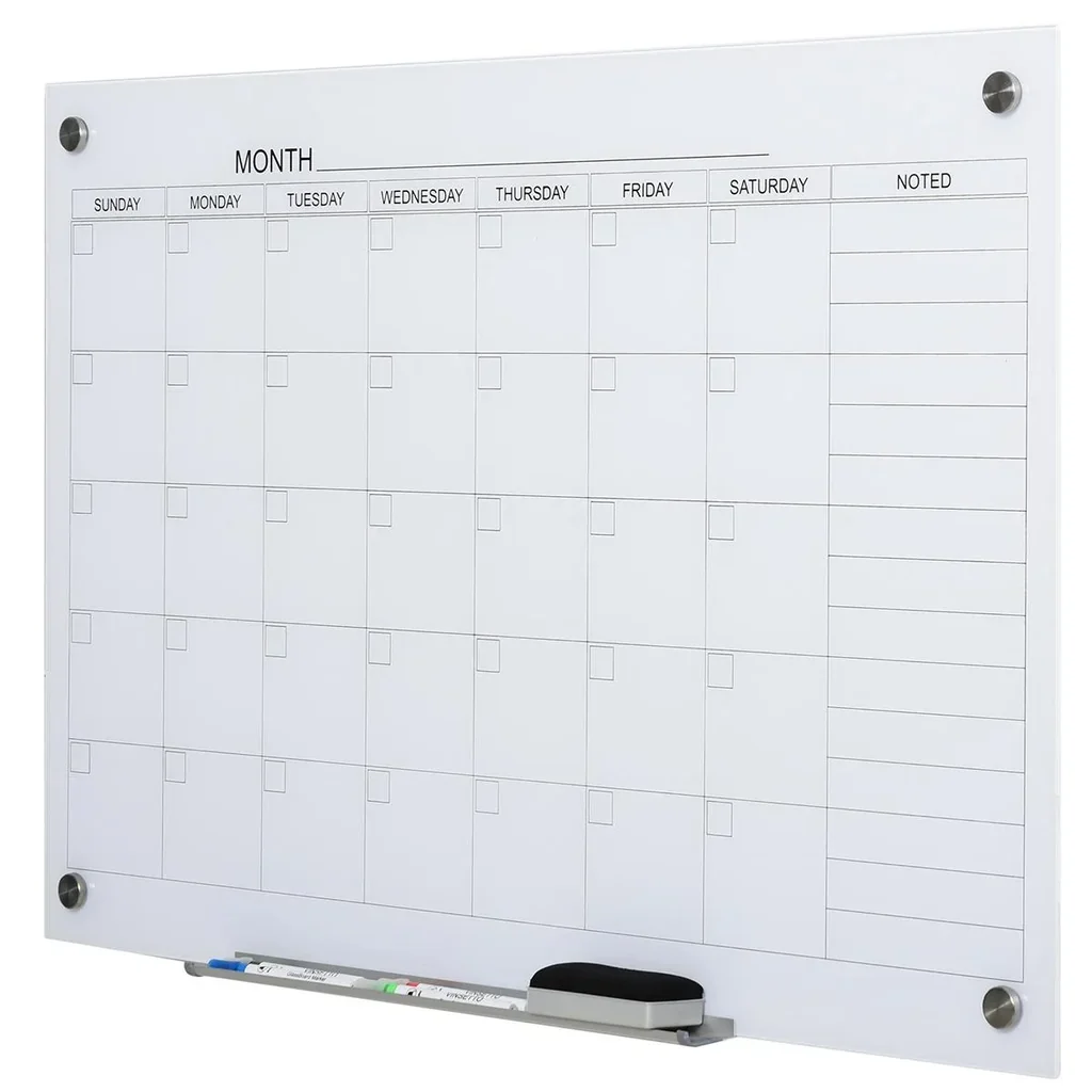 Kalendertafel Glasplatte mit 4 Glasclip Marker Radiergummi Aluminium-Stifthalter Magnettafel für Monatsplanungen magneti