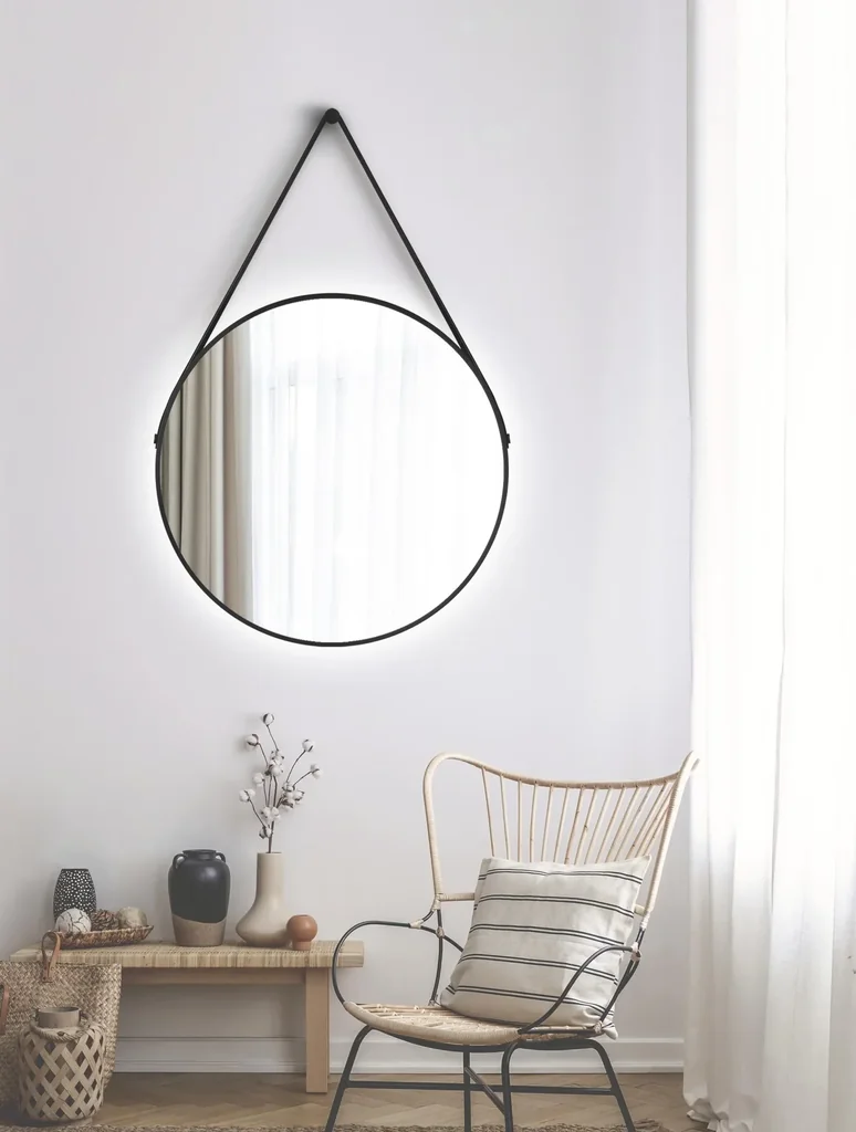 Dekorativer runder Wandspiegel mit indirekter LED Beleuchtung in schwarz matt Ø 80 cm