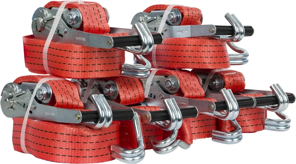 Zurrgurte mit Ratsche, 7-teiliges Set, 50 mm Gurtbreite, 2000/4000 daN, Festende 0,3 m / Losende 7,7 m lang, Spitzhaken