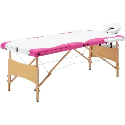 "Klappbarer Massagetisch mit 3 Zonen Holz weiß und rosa image"