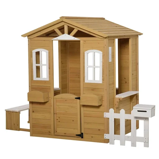 "Kinderspielhaus mit Fenster Briefkasten Outdoor Gartenspielhaus mit Blumentopfrack Zaun Bank Holzspielhaus Tannenholz Na image"
