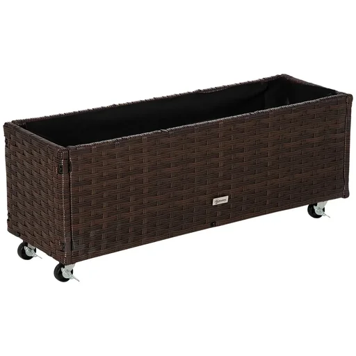 "Poly Rattan Hochbeet mit Rollen Pflanzkasten mit Abflusslöchern Blumenkasten Blumenkübel Kaffee-Braun 94,5 x 31 x 36 cm image"