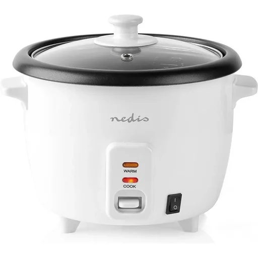"Nedis Reiskocher Abnehmbare Pfanne 1.5L Dämpfdorn Glasdeckel Inkl. Messbecher und Schöpfkelle 500W Weiß image"