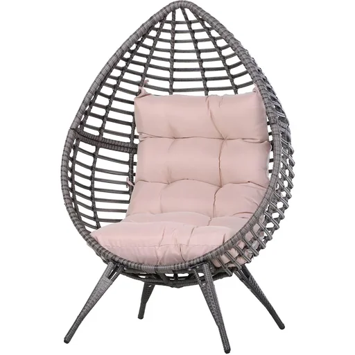 "Rattansessel in Tropfenform, Gartensessel mit Sitzkissen, Erhöhter Rattanstuhl, Stahl, Beige, 101 x 89 x 156 cm image"