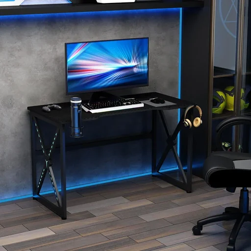 "Computertisch mit LED-Leuchten Monitorablage PC Tisch Schreibtisch mit Becherhalter E-Sport-Stil Bürotisch mit verstellb image"