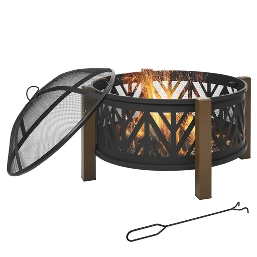 "2-in-1 Feuerschale Feuerkorb Feuerstelle mit Funkenschutz Grillrost Garten BBQ Schwarz+Braun 78 x 60H cm image"