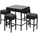 5-teilige Essgruppe Sitzgruppe Esstisch Bistrotisch Bartisch Gartentisch Metall + Polyrattan Schwarz mit 1 Tisch + 4 Hoc