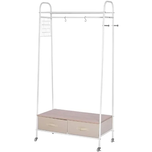 "Kleiderständer Rollgarderobe mit Schubladen Hacken aus Metall+Holz weiß L99 x B47 x H185 cm image"
