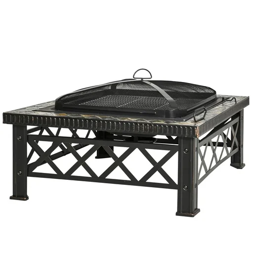 "3-in-1 Feuerschale Feuerkorb Feuerstelle mit Funkenschutz Grillrost Eiskübel Garten BBQ Schwarz 76 x 76 x 47 cm image"