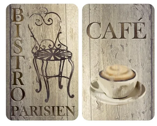 "3 in 1 Herd-Abdeckplatten, Schneidbretter, Arbeitsplatten, Glas, Bistro-Design, je 52 x 30 cm, 2er-Set image"