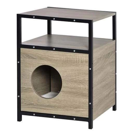 "Katzenhaus mit Tür Katze Schrank Katzenhöhle Katzentoilette Beistelltisch waschbare Kissen Grau Spanplatte Metall Plüsch image"