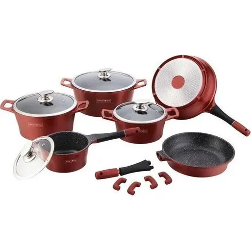 "Marmoriertes Kochgeschirrset - 14-teilig - burgunderrot image"