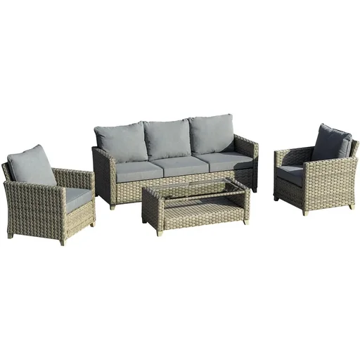 "Polyrattan Gartenmöbel Set 4-teilig mit Couchtisch Sitzkissen Aluminium Braun+Grau image"