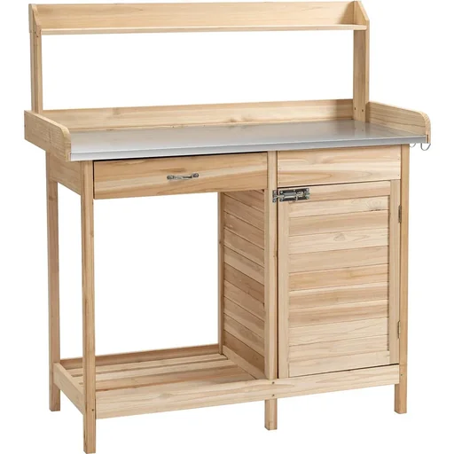 "Pflanztisch mit verzinkter Arbeitsplatte Gärtnertisch mit Schublade Schrank Garten Arbeitstisch Massivholz Natur 112 x 4 image"