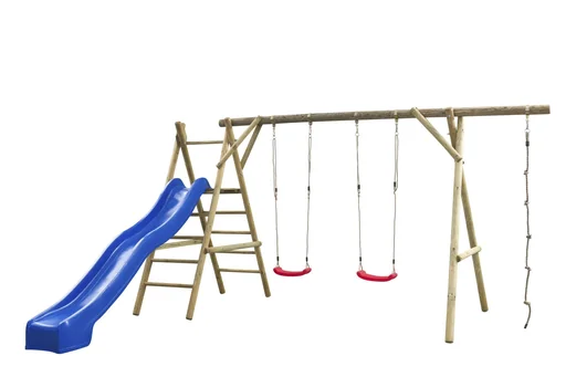 "Doppelschaukel Noortje Rundholz mit Kletterseil, Treppe und Rutsche in blau image"