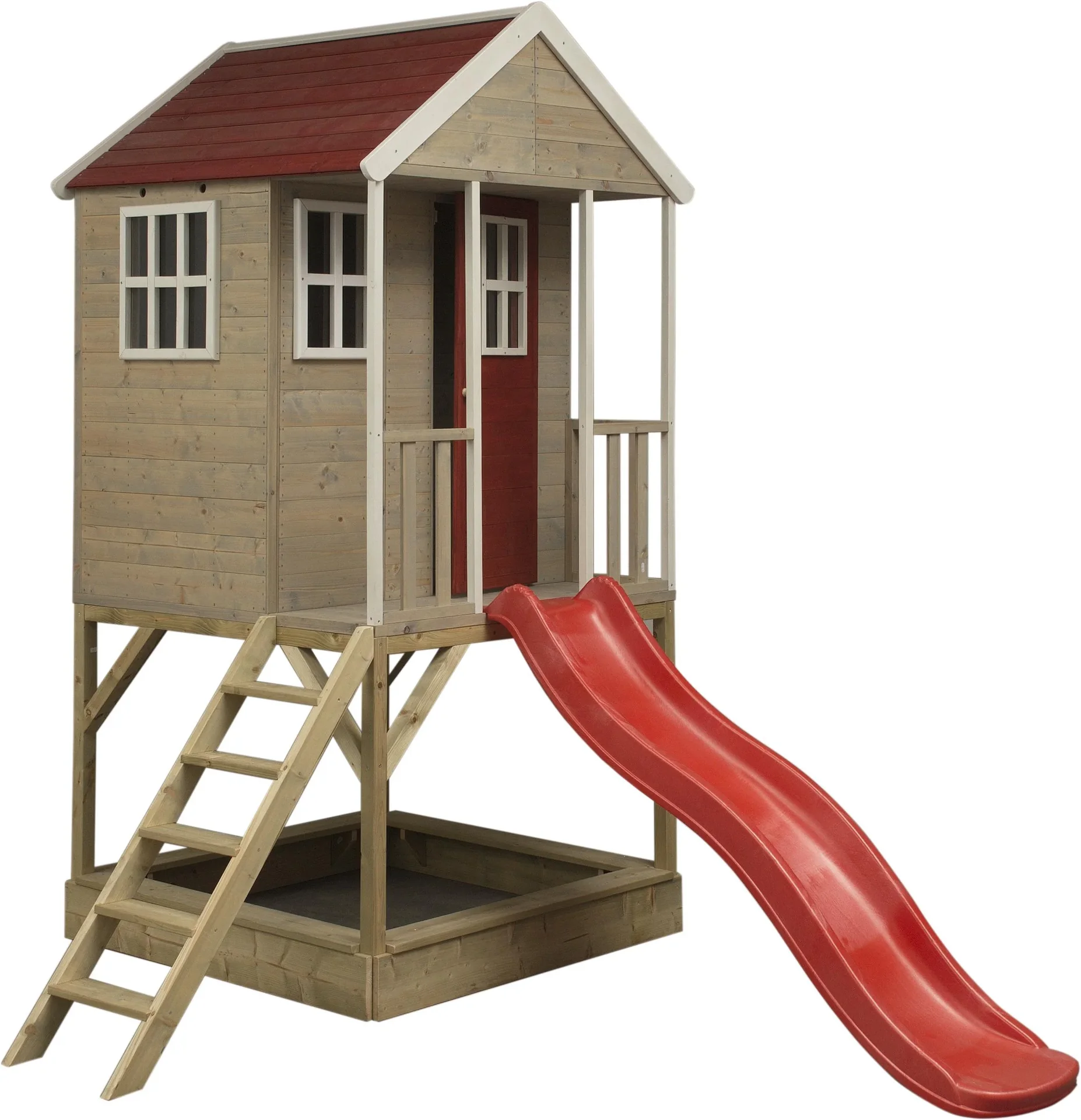 "Wendi Toys Spielhaus Frosch 197×280×242 cm Natur/Rot – Stelzenhaus mit Rutsche & Sandkasten image"