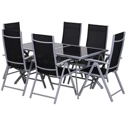 Alu Gartentischset mit schwarzer Glasplatte klappbar, mit 6 Stühlen