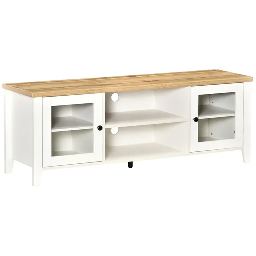 "TV-Lowboard Fernsehtisch Fernsehschrank für Fernseher bis zu 60 Zoll mit 2 Glas Türen Regal verstellbar Weiß+Eiche 140 x image"