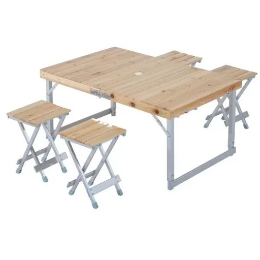"Holz 5tlg Campingtisch Set Picknick Koffertisch Alu image"