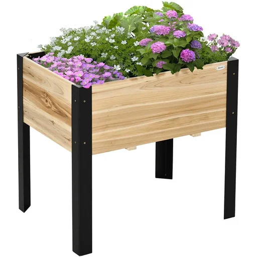 "Hochbeet Pflanzkasten Blumenkasten Blumentopf Kräuterbeet mit Vliesstoff Massivholz Stahl Natur+Schwarz 80 x 60 x 74 cm image"
