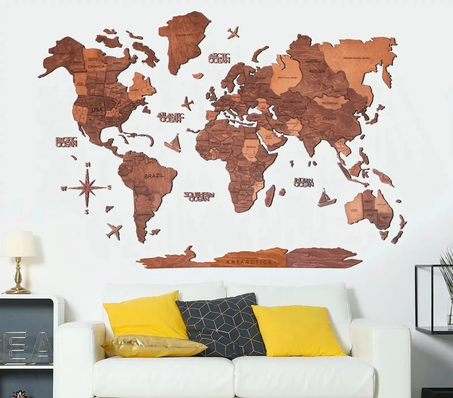 "Weltkarte holz, Landkarte Welt, Weltkarte Wanddeko 3D - Enjoy The Wood, Eiche Prime, Weltkarte Größe: XL image"
