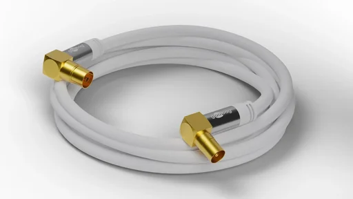 "TV Antennenkabel 135 dB, 4x geschirmt, 1 m, Weiß - vergoldet, Koax-Buchse 90° > Koax-Stecker 90° (70411) image"