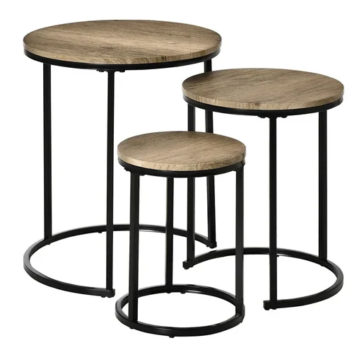 "Beistelltische 3er-Set Satztisch stapelbar Kaffeetisch 3 Größen Industrial Design Metall Schwarz+Braun image"