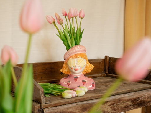 "Vase Mädchen Erdbeere - Rosa Steingut Topf - 24 cm hoch image"