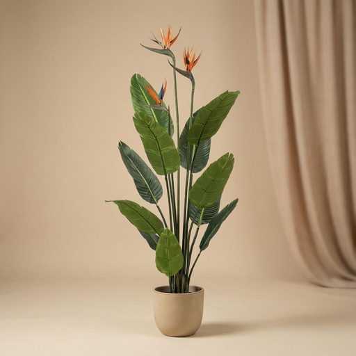 "Strelitzia mit Blüten - 120cm - In schwarzem Topf - Kunstpflanze - KÜNSTLICH image"