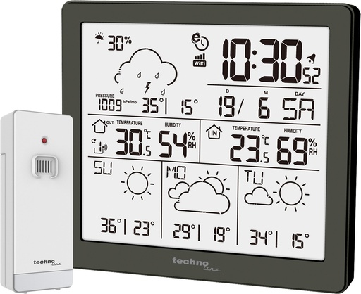 "WD2200 WLAN Wetterstation mit Außensensor – Wettervorhersage bis 4 Tage, Temperatur, Luftfeuchtigkeit, Luftdruck, Niederschlagswahrscheinlichkeit & App image"