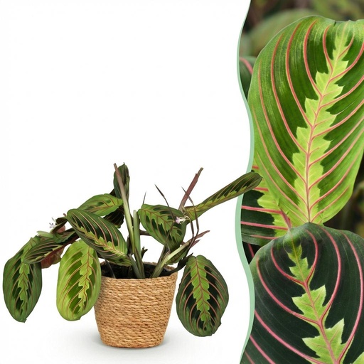 "Zimmerpflanze - Maranta Fascinator Tricolour - Gebetsblatt - Haustierfreundliche Pflanze - Grün - 1 Pflanze - mit Korb - Topf 12cm - Höhe 25cm image"