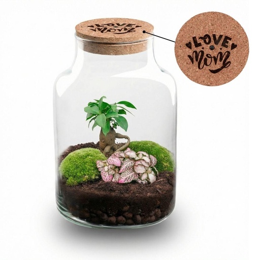 "'LOVE MOM' Terrarium Little Milky + gravierter Kork mit Licht - Flaschengarten DIY Set - Ø 17 cm ↑ 25 cm - Muttertag image"