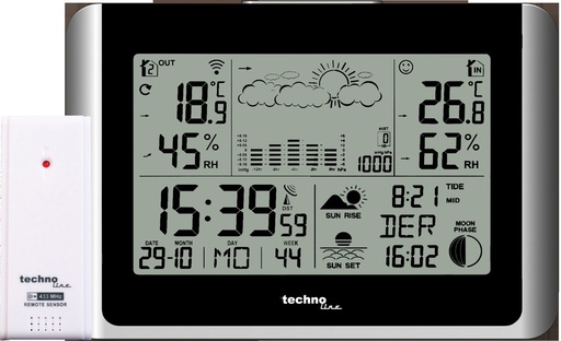 "WS6767 Funk-Wetterstation mit Außensensor mit DCF77 Funkuhr, Wettervorhersage, Luftdruck-Historie, Innen-/Außentemperatur & Luftfeuchtigkeit, Mondphase, Sonnenauf- und Sonnenuntergang, Frostalarm image"