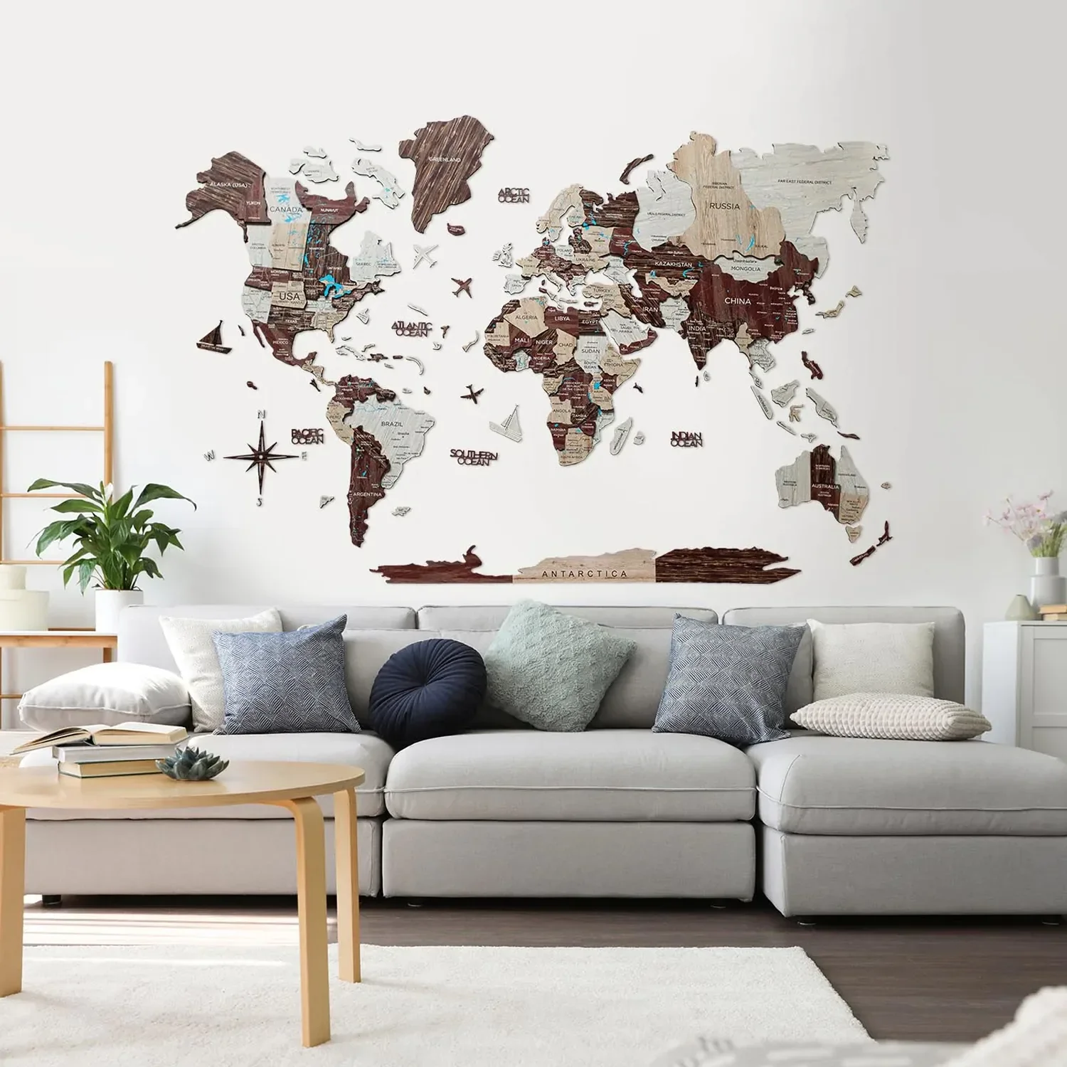 "Weltkarte Holz, Landkarte Welt, Weltkarte Wanddeko 3D - Enjoy The Wood, Cappuccino Prime, Weltkarte Größe: L image"