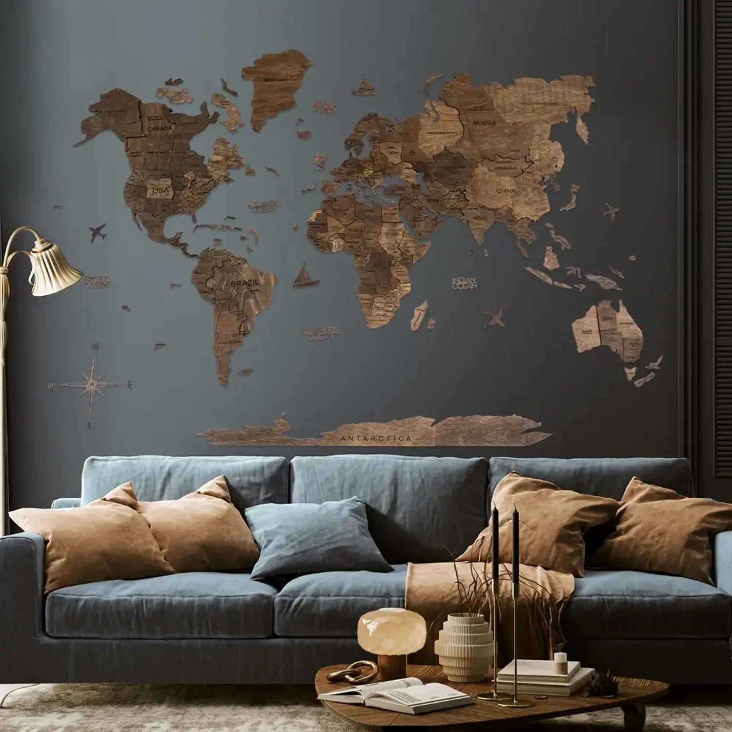 "Weltkarte holz, Landkarte welt, Weltkarte wanddeko 3D - Enjoy The Wood, Walnuss dunkel Prime, Weltkarte Größe: XL image"