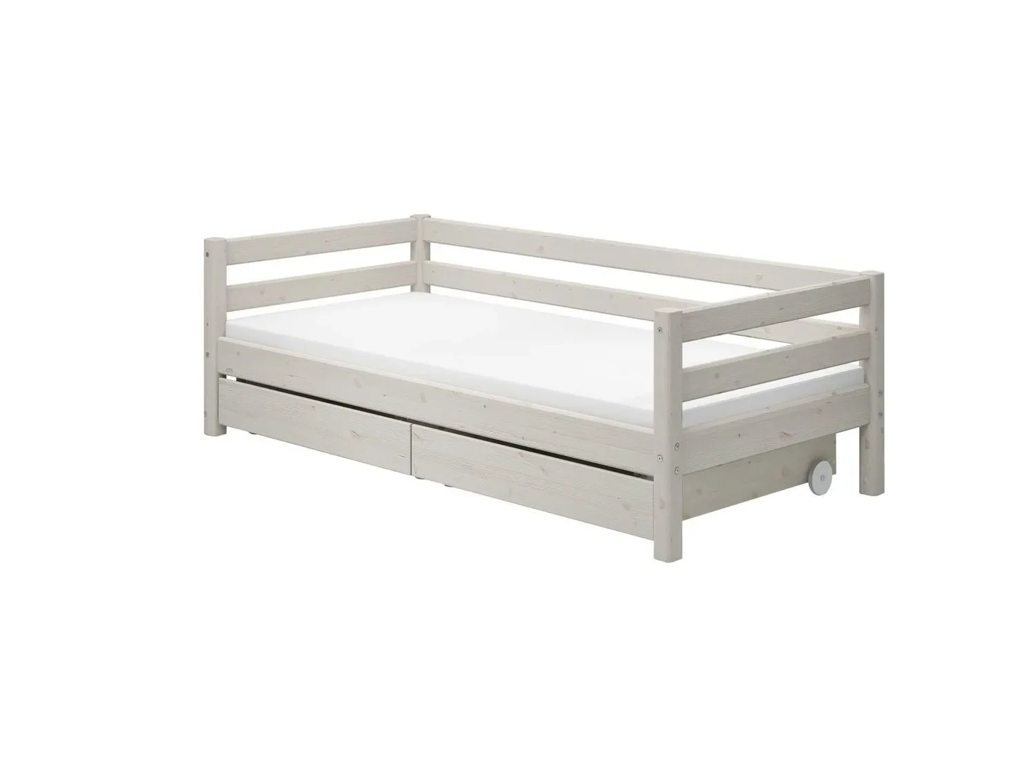 FLEXA Classic Kinderbett, Einzelbett - Gemütliches Sofa-Bett mit 2 Schubladen & Skandinavischem Design, 90x200 cm, Farbe: Weiß gewaschene Kiefer