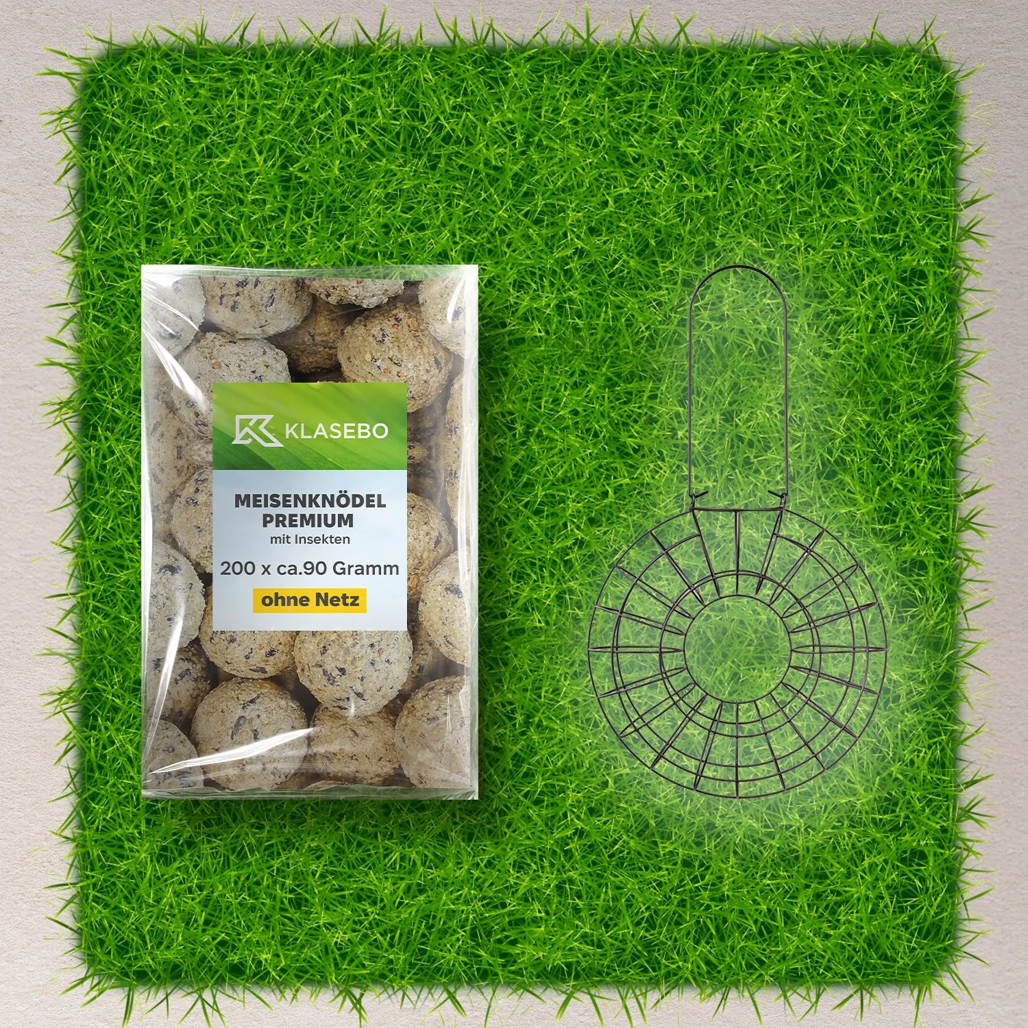 Meisenknödel Set: 200 Stk. 90g mit Insekten & Mehlwürmern + Robuster Metall-Futterspender