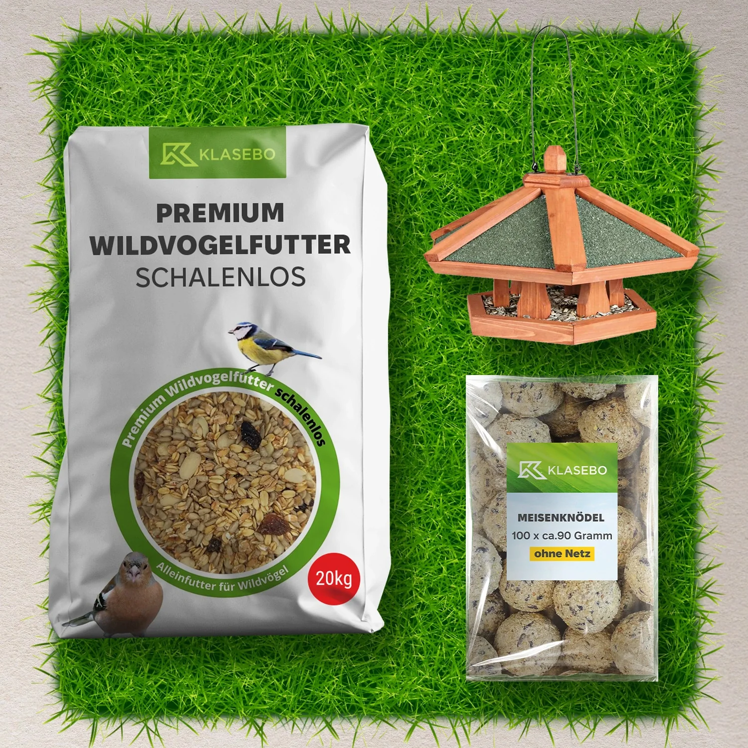 Wildvogelfutter Komplett-Set: Meisenknödel mit Insekten 100 Stk. à ca. 90g netzlos, hängendes Futterhaus aus Kiefernholz 42x24cm, Wildvogelfutter schalenfrei 20kg