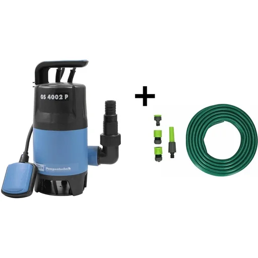 "Schmutzwasser-Tauchpumpen-Set inklusive 15 Meter Gartenschlauch mit Düse und Anschlüssen image"