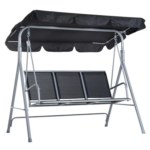 Hollywoodschaukel 3-Sitzer Gartenschaukel Schaukelbank mit Dach Metall Schwarz+Silber