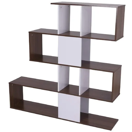 Bücherregal Holz Wandregal Raumteiler S-Form 4 Fächer Weiß+Braun