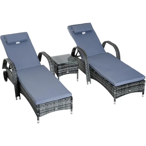 "Sonnenliege Gartenliege Tisch 3er-Set Gartenmöbel Polyrattan + Metall Grau höhenverstellbar image"