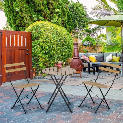 3-teiliges Bistro-Set aus Massivholz und Stahlrahmen