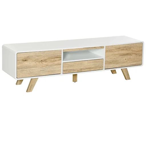 "TV Schrank TV Lowboard Kommode für Fernseher kleiner als 60'' mit Push-In-Design Schublade Wohnzimmer MDF Weiß+Natur 160 image"