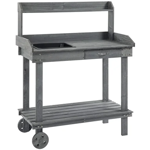 Pflanztisch mit Schublade 2 Stufen Gärtnertisch mit waschbecken und Rollen Garten Tannenholz Grau 92 x 45 x 119 cm
