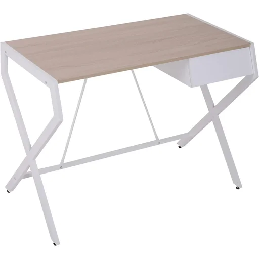 "Schreibtisch Computertisch mit Schublade Spanplatte Metallrahmen 20 kg Belastbarkeit Weiß + Natur 105 x 56 x 75 cm image"