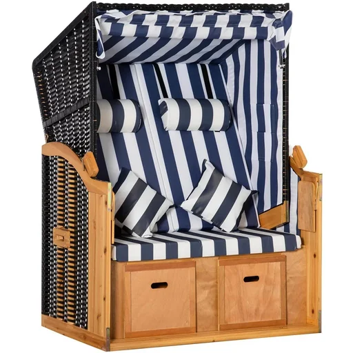 "Strandkorb Doppelte Sonnenliege mit Dach Doppelliege mit Getränkehaltern Chaiselongue 5-stufige Rückenlehne PE-Rattan Bl image"