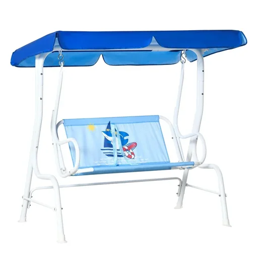 "Kinderhängematte 2-Sitzer Kinderschaukel mit verstellbarem Sonnendach für 3-6 Jahre Kinder Metall blau 110 x 74 x 113 cm image"