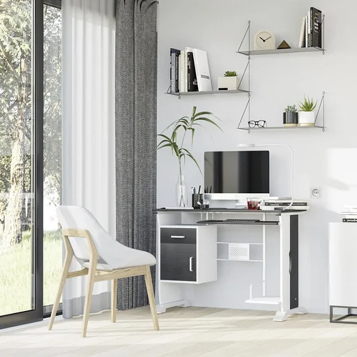 "Computertisch Winkelschreibtisch mit Schubladen Schreibtisch Bürotisch Anti-Rutsch Metall MDF Schwarznuss+Silber 100 x 5 image"